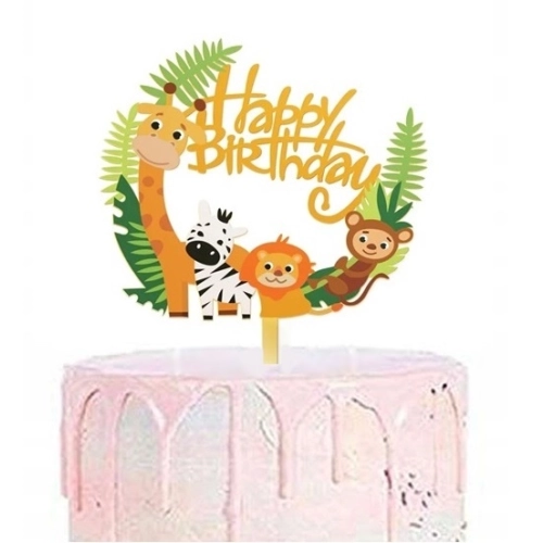 Topper ozdoby na tort napis Happy Birthday zwierzęta lew żyrafa dekoracje urodzinowe safari zoo